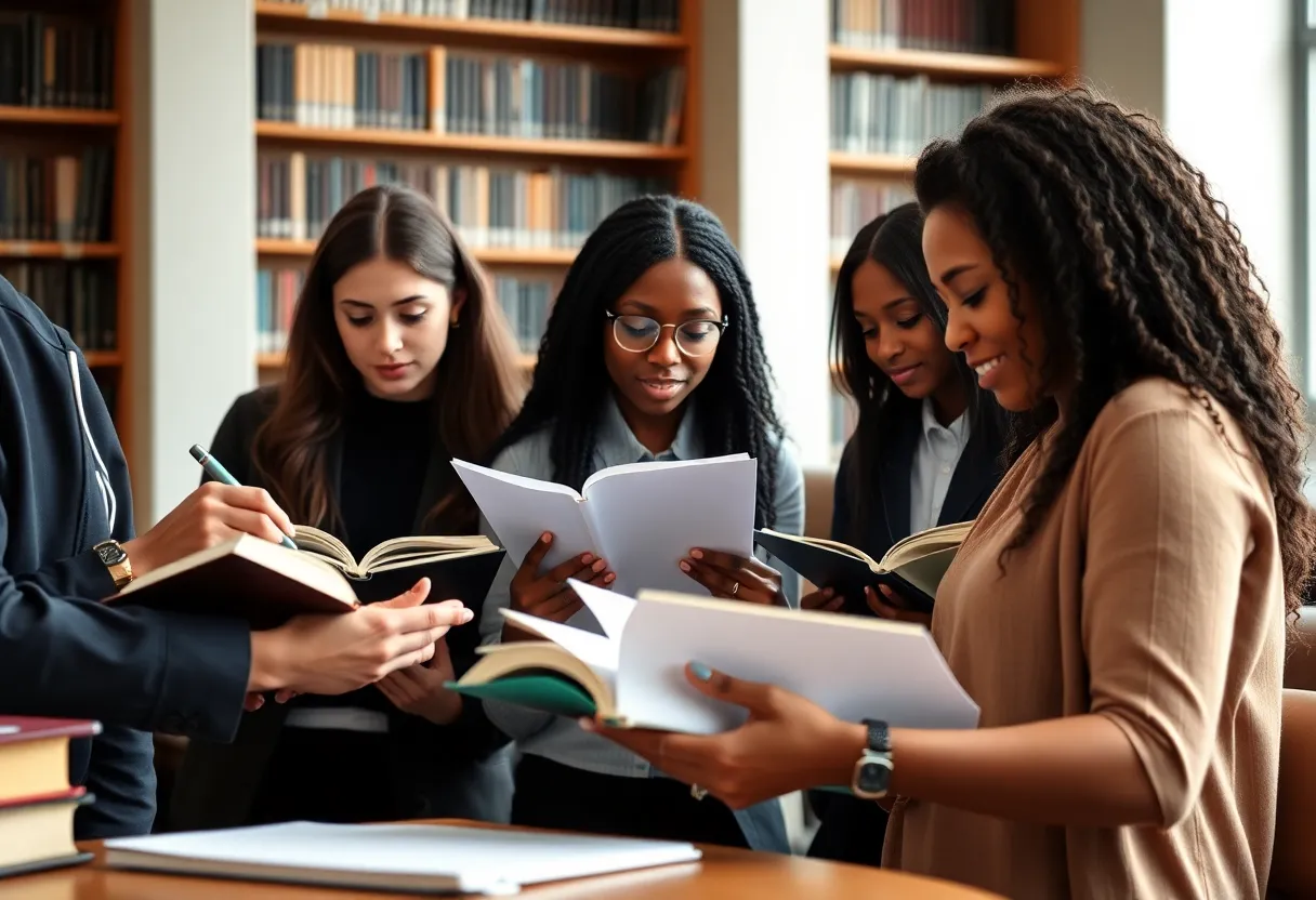 Group of diverse law students studying together in a library.