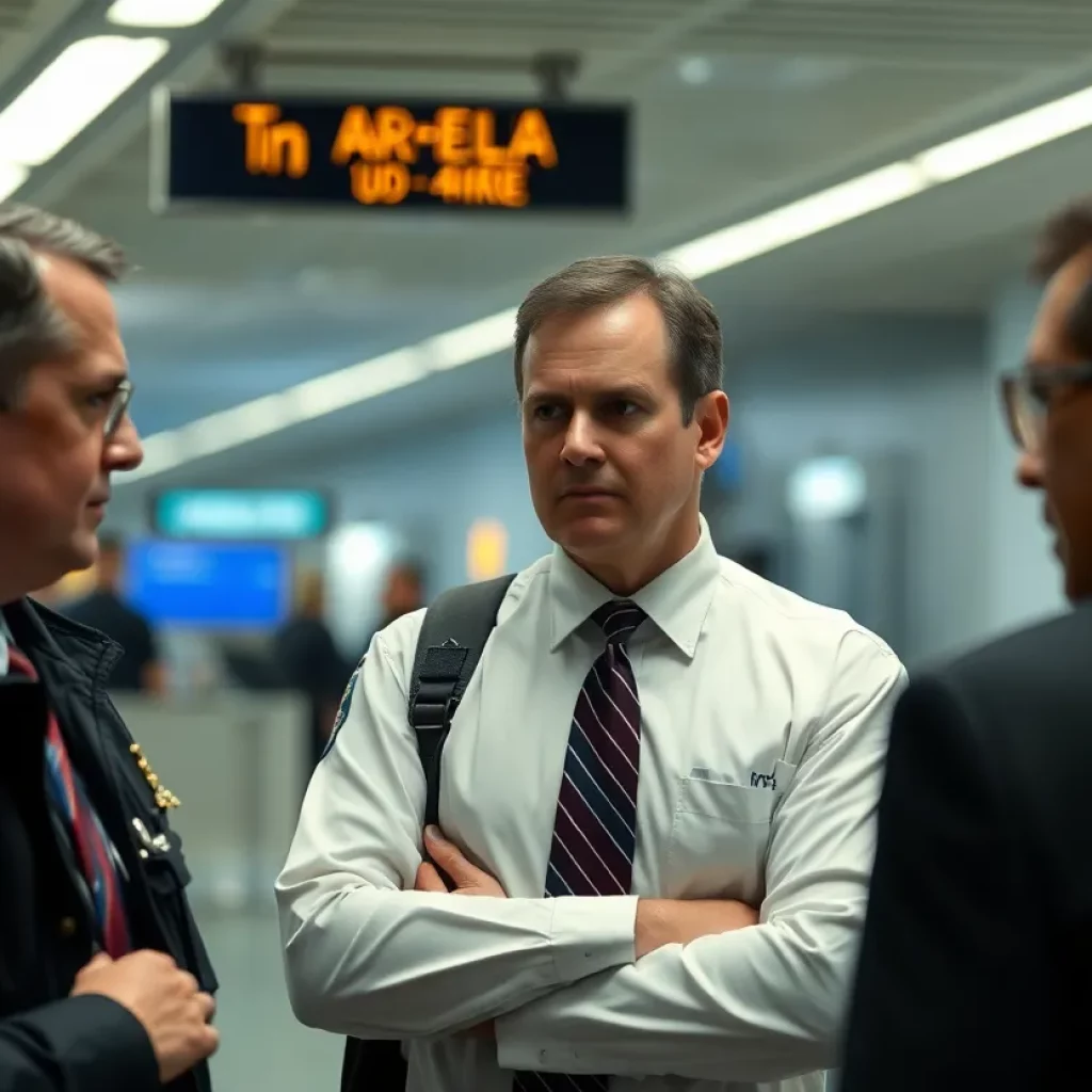 A lawyer being questioned by federal agents at an airport