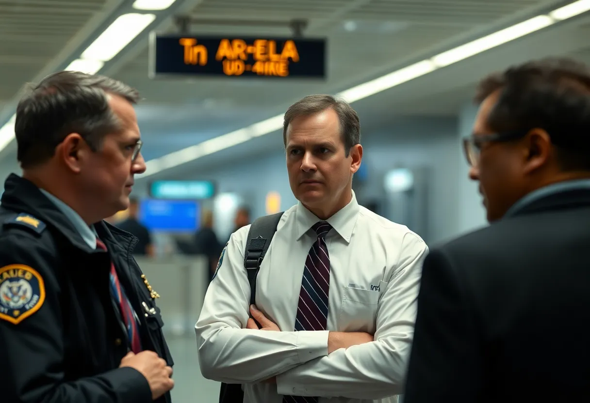 A lawyer being questioned by federal agents at an airport