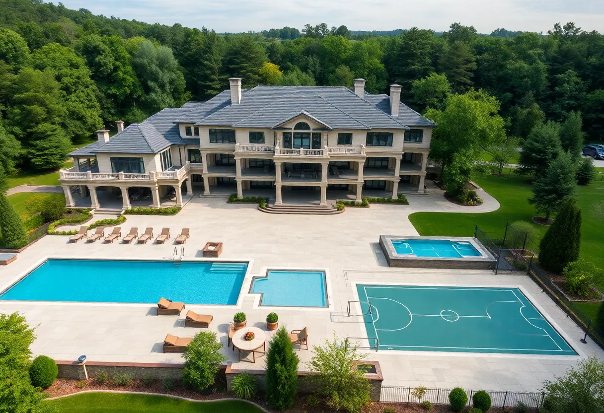Exterior view of a luxurious mansion with outdoor amenities
