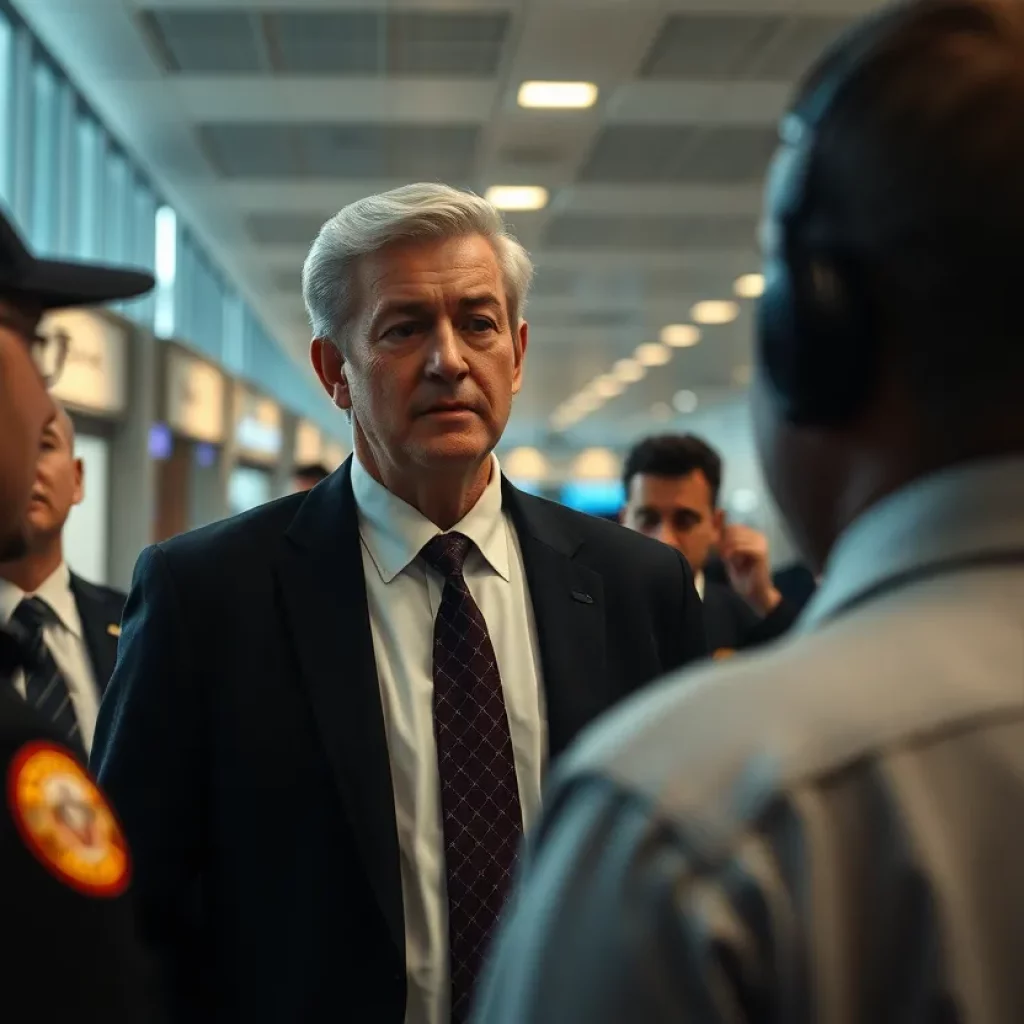 Lawyer in airport being questioned by federal agents.
