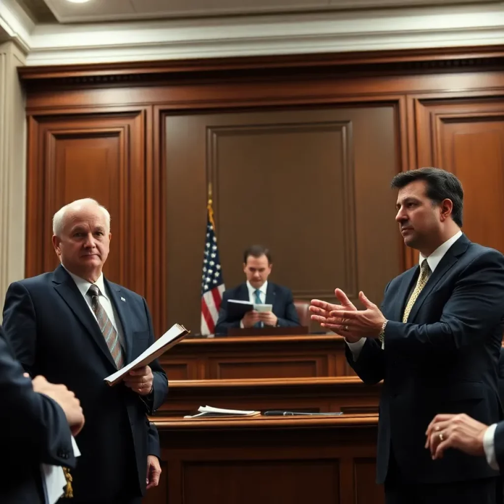 A group of lawyers engaged in a serious discussion in a courtroom
