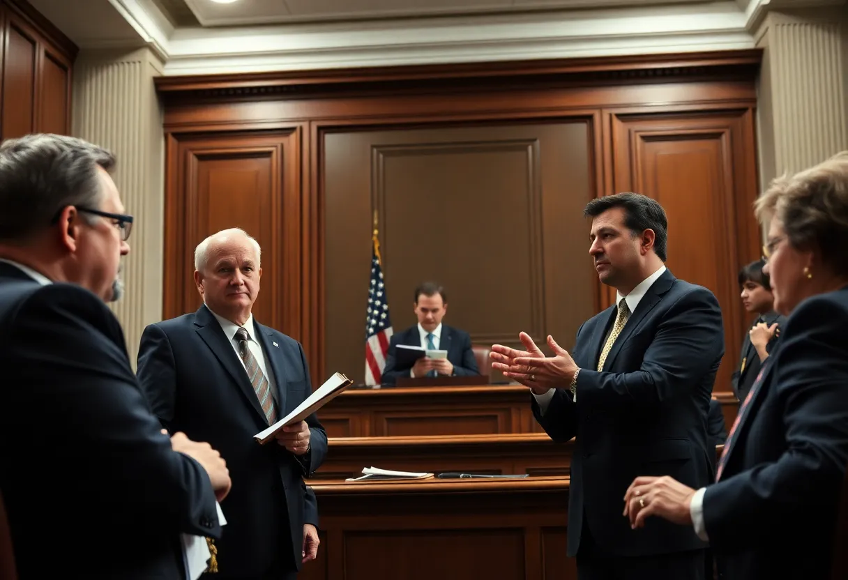 A group of lawyers engaged in a serious discussion in a courtroom