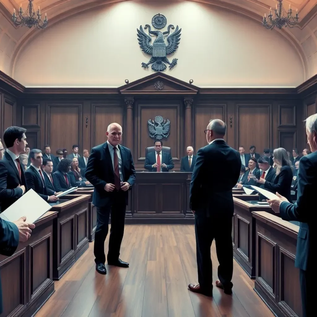 Illustration of lawyers in a courtroom setting grappling with ethical dilemmas.