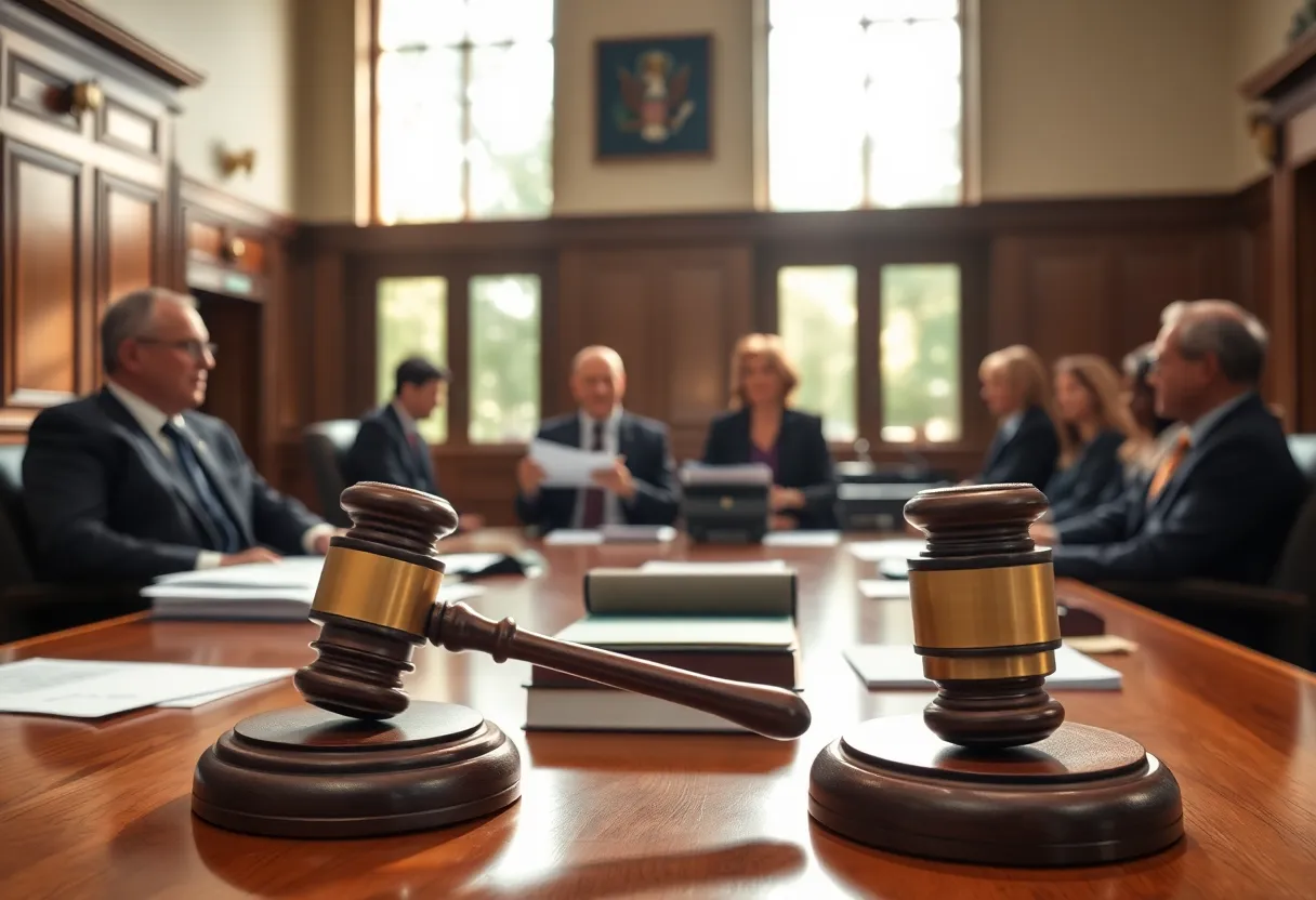 Attorneys discussing climate grants in a courtroom