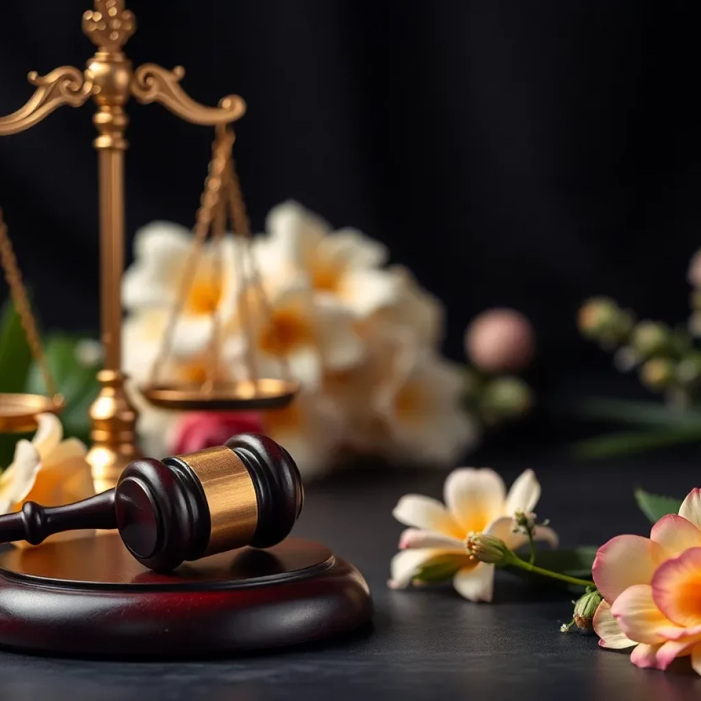 Visual representation of the legal community in mourning with symbols of justice and remembrance.