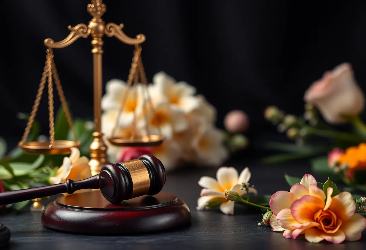 Visual representation of the legal community in mourning with symbols of justice and remembrance.