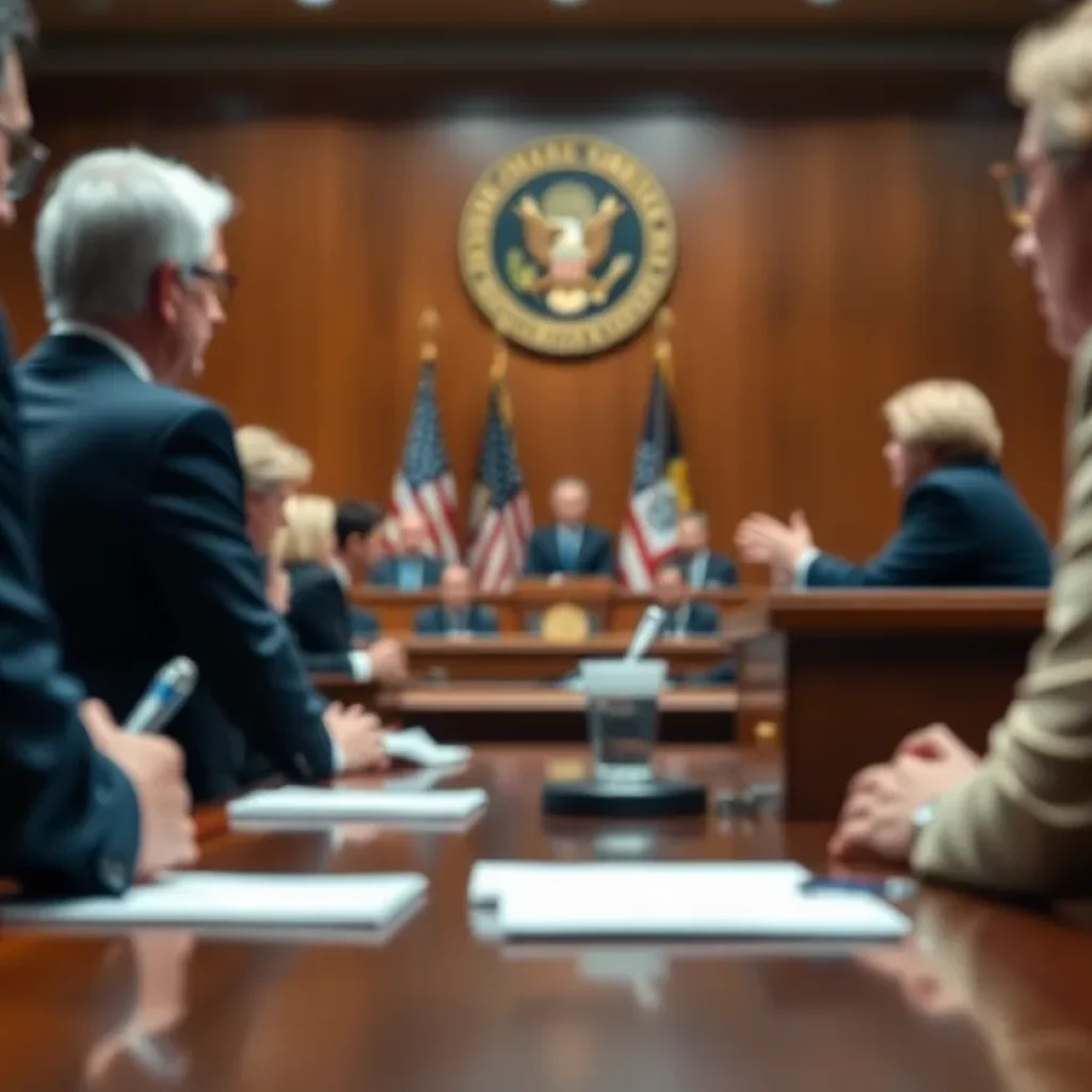 A scene depicting a courtroom discussion about the nomination of a U.S. Attorney, representing tension and controversy.