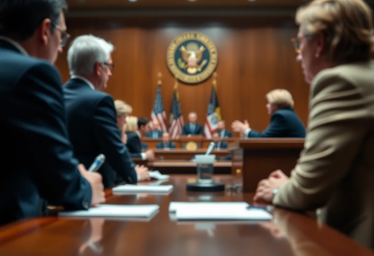 A scene depicting a courtroom discussion about the nomination of a U.S. Attorney, representing tension and controversy.