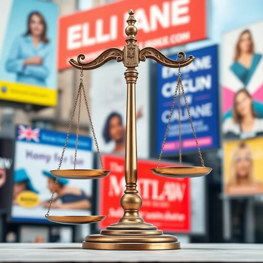 Scales of justice with colorful legal advertisements