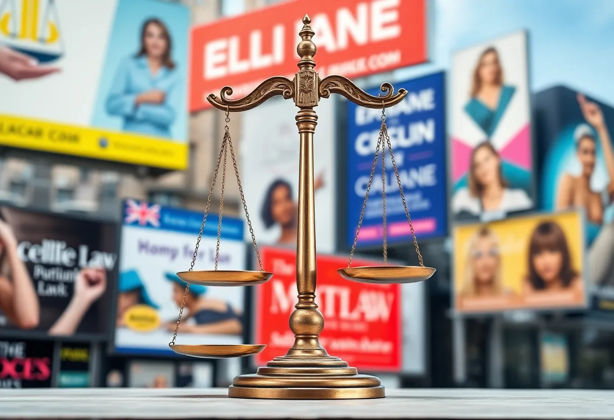 Scales of justice with colorful legal advertisements
