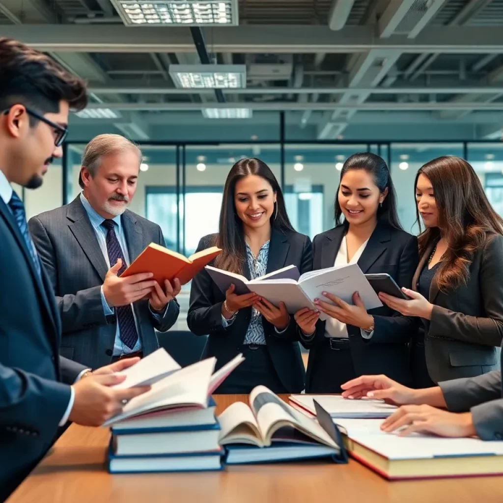 Legal professionals discussing insights in a modern office