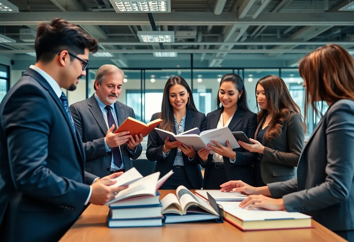 Legal professionals discussing insights in a modern office