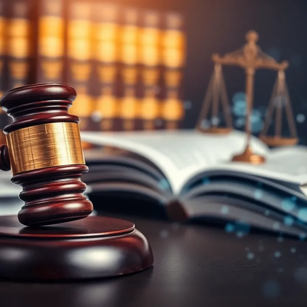 An abstract representation of the legal landscape with elements of justice and technology.