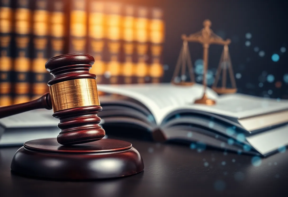 An abstract representation of the legal landscape with elements of justice and technology.