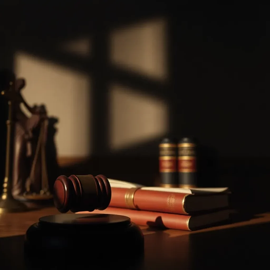 Illustration of a law office in turmoil with shadows symbolizing oppression.