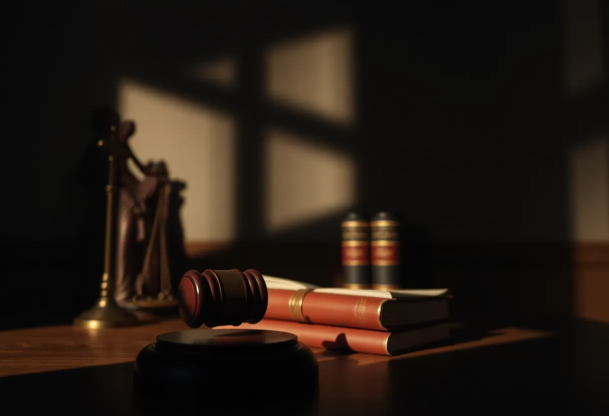 Illustration of a law office in turmoil with shadows symbolizing oppression.