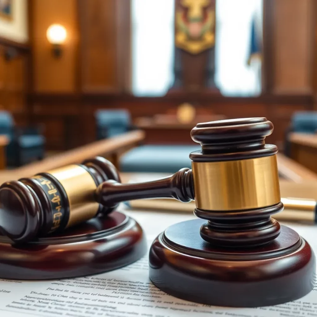 A gavel on legal documents in a courtroom setting