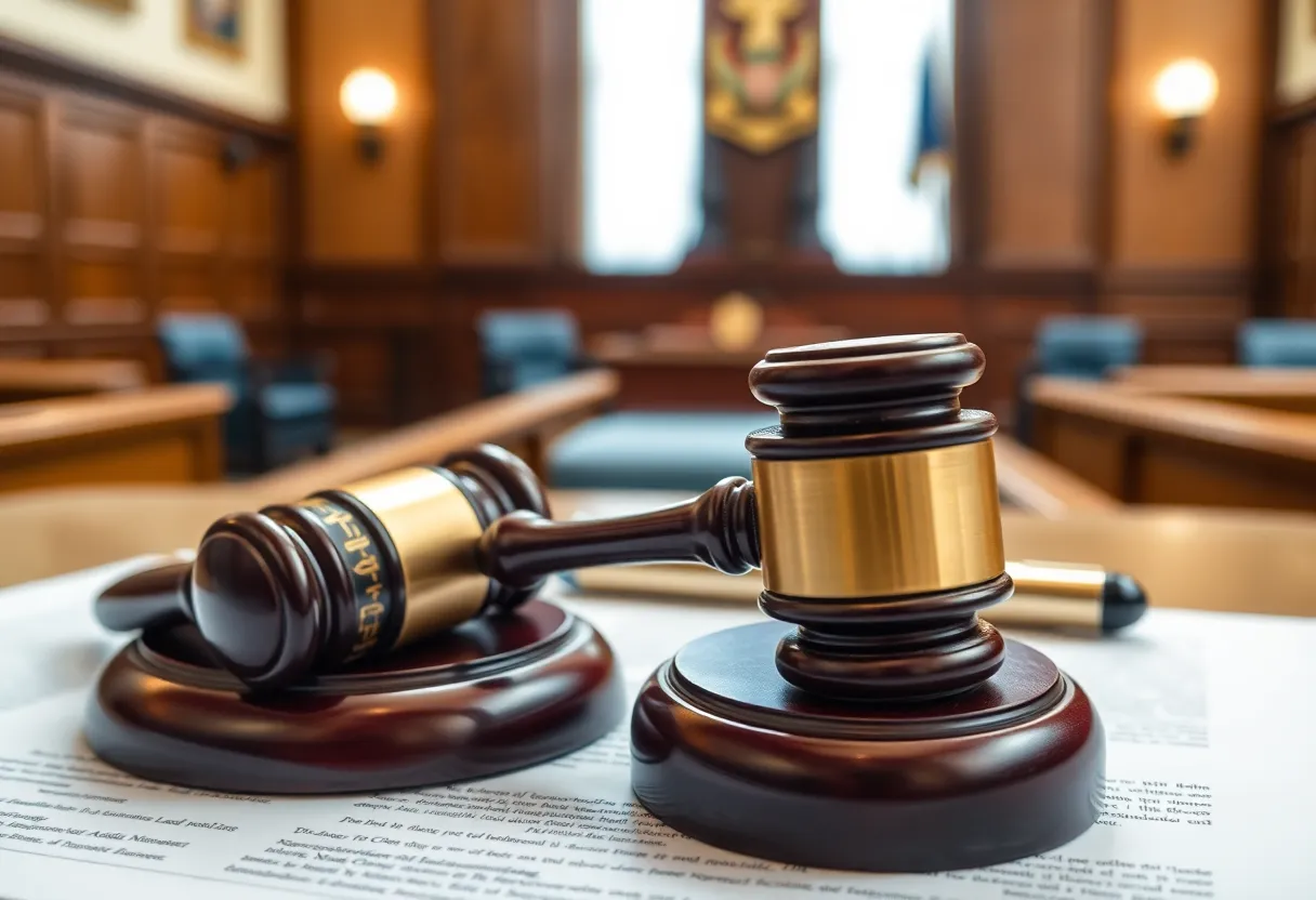 A gavel on legal documents in a courtroom setting