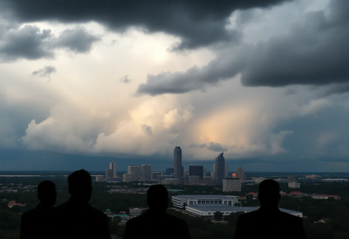 Stormy sky over a Louisiana city signifying an insurance crisis