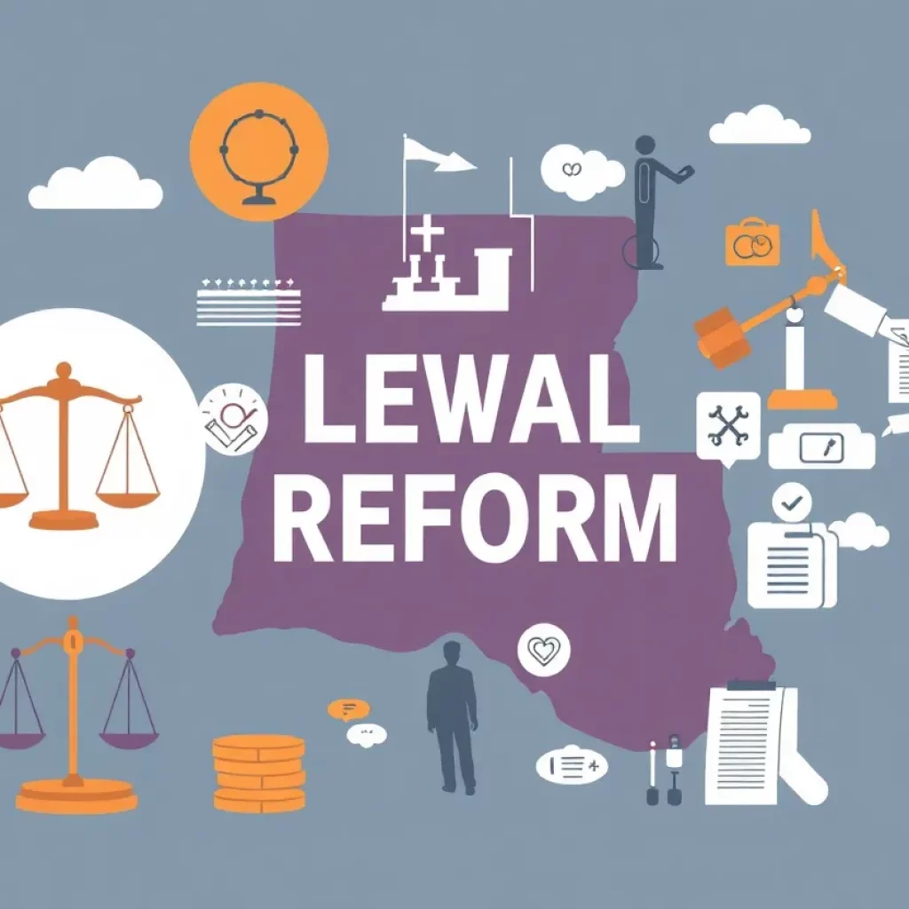 Illustration of Louisiana legal reform with symbols of personal injury law.