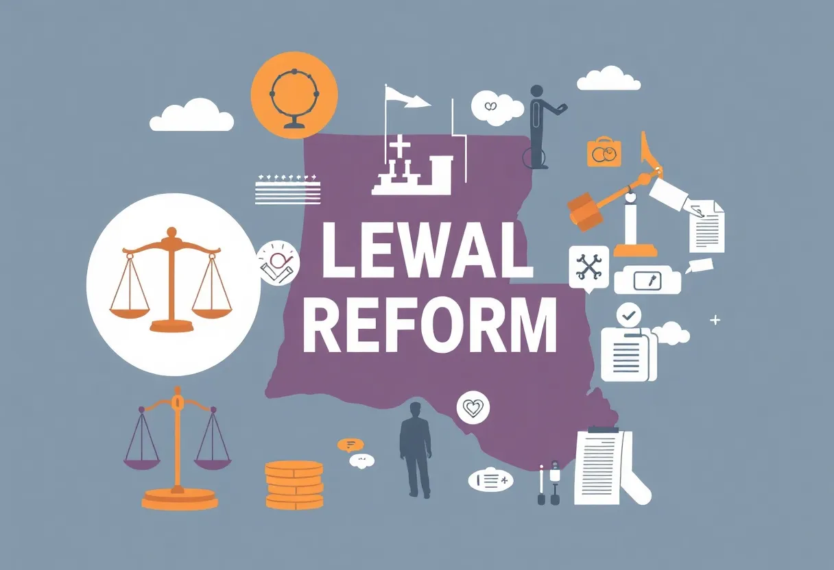 Illustration of Louisiana legal reform with symbols of personal injury law.