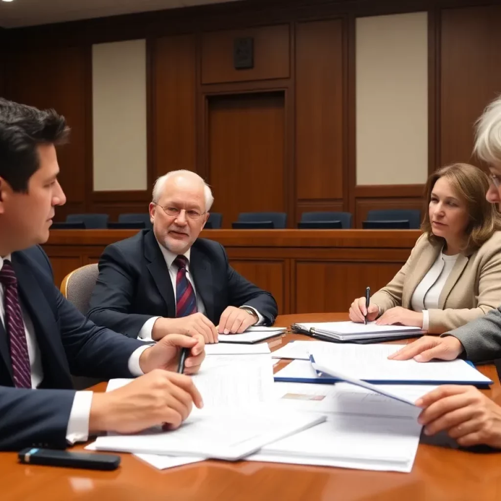 A courtroom scene focusing on mesothelioma legal issues.