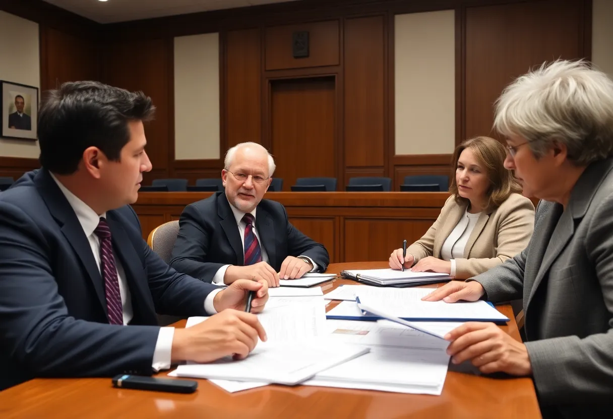 A courtroom scene focusing on mesothelioma legal issues.