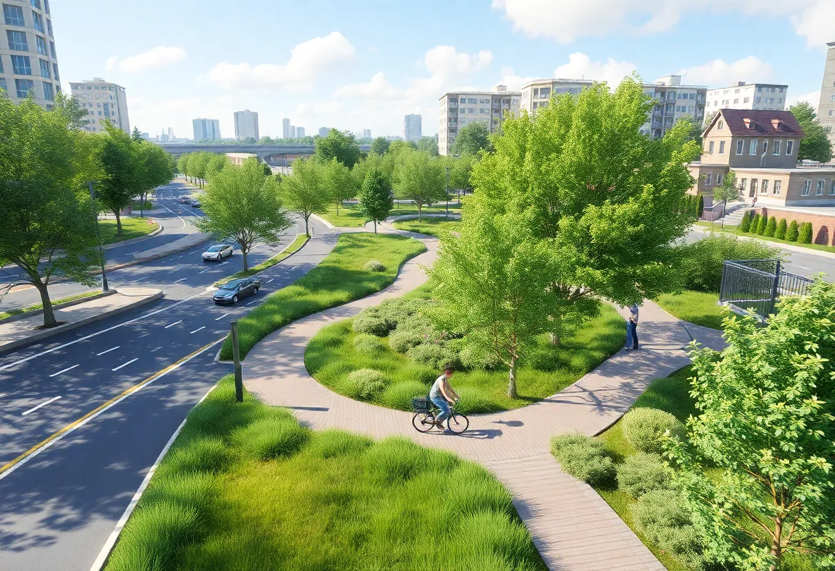 An artistic rendering of the Lowcountry Lowline, showcasing bike trails and pedestrian walkways in a vibrant urban setting.