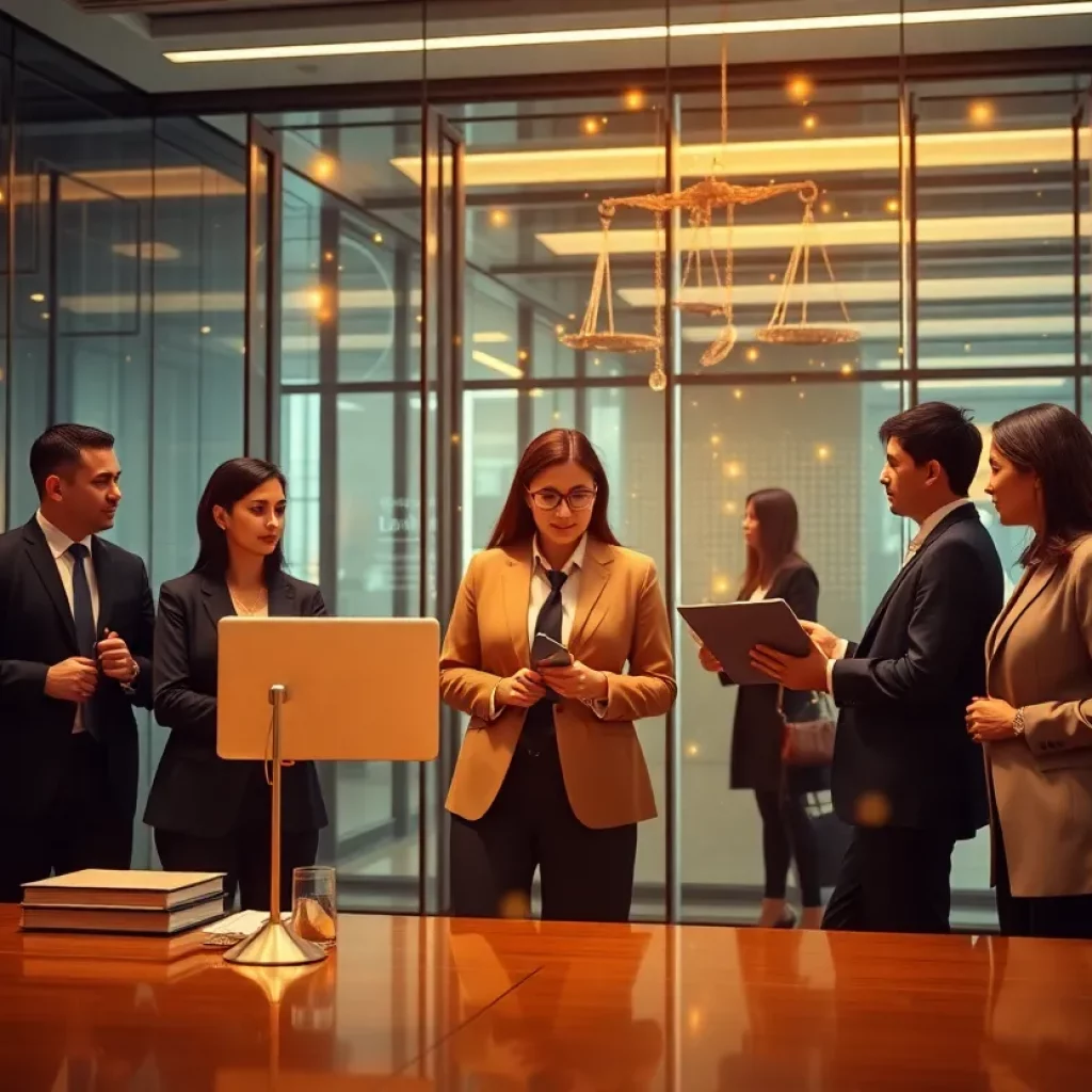 Diverse lawyers working with advanced technology in a modern law firm.