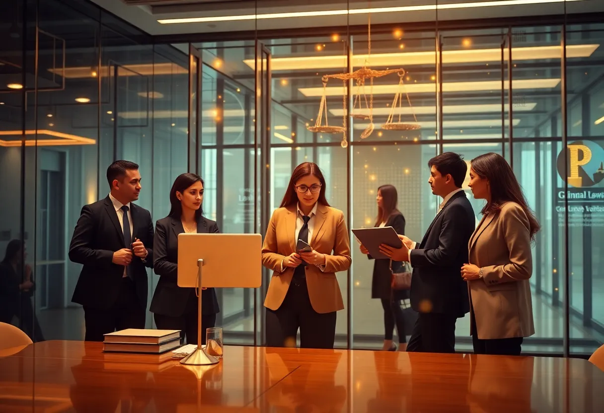 Diverse lawyers working with advanced technology in a modern law firm.