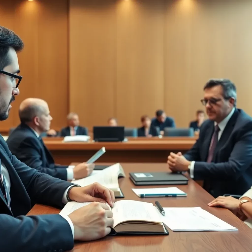 Attorney in courtroom discussing intellectual property law