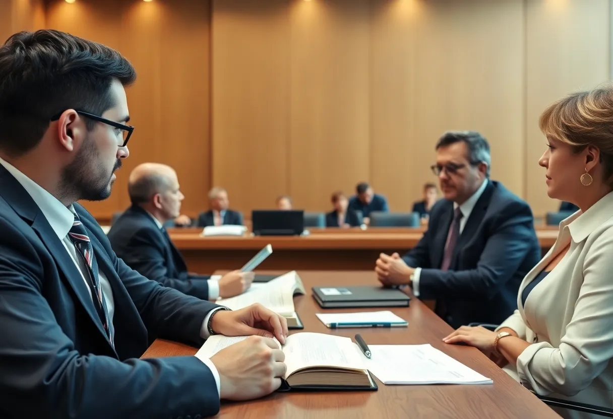 Attorney in courtroom discussing intellectual property law
