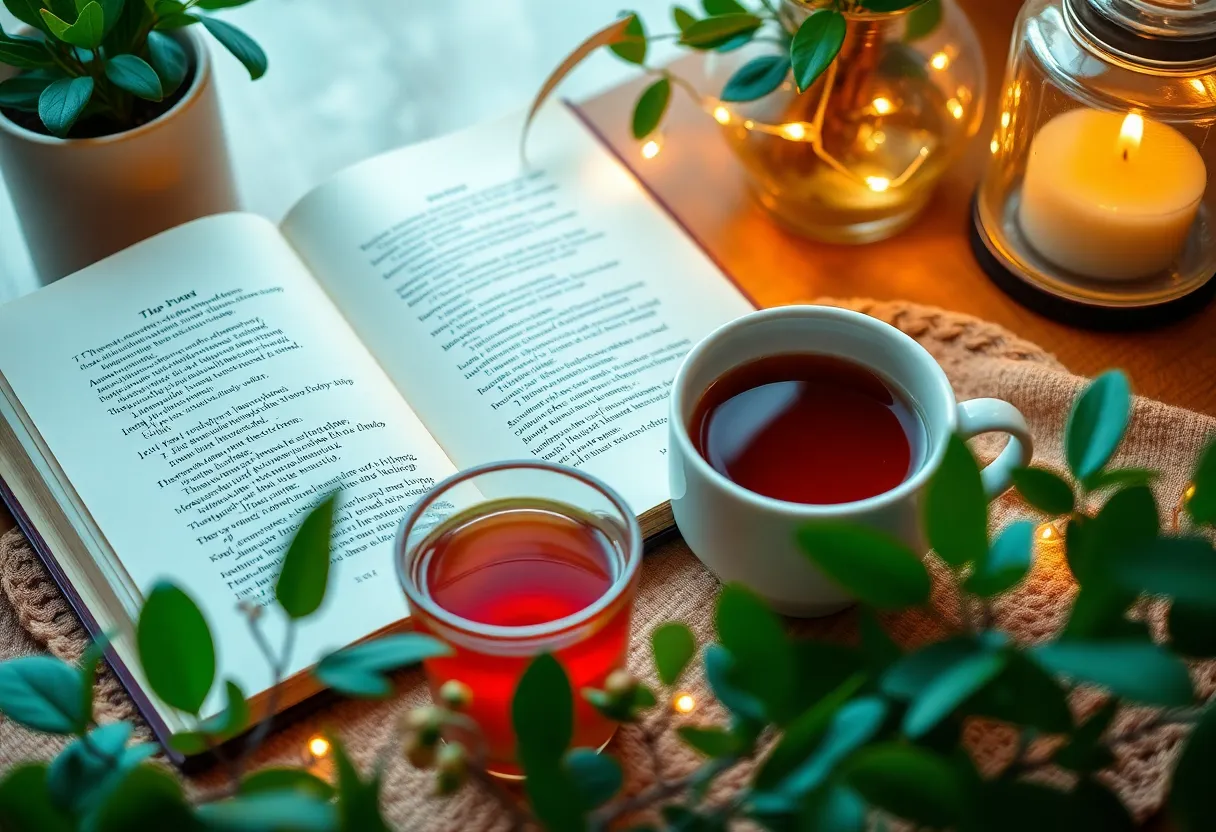 A warm and inviting setup for poetry readings with tea and a book.