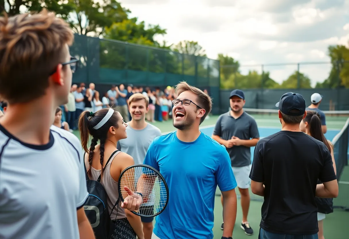 NC State men's tennis team celebrating a victory