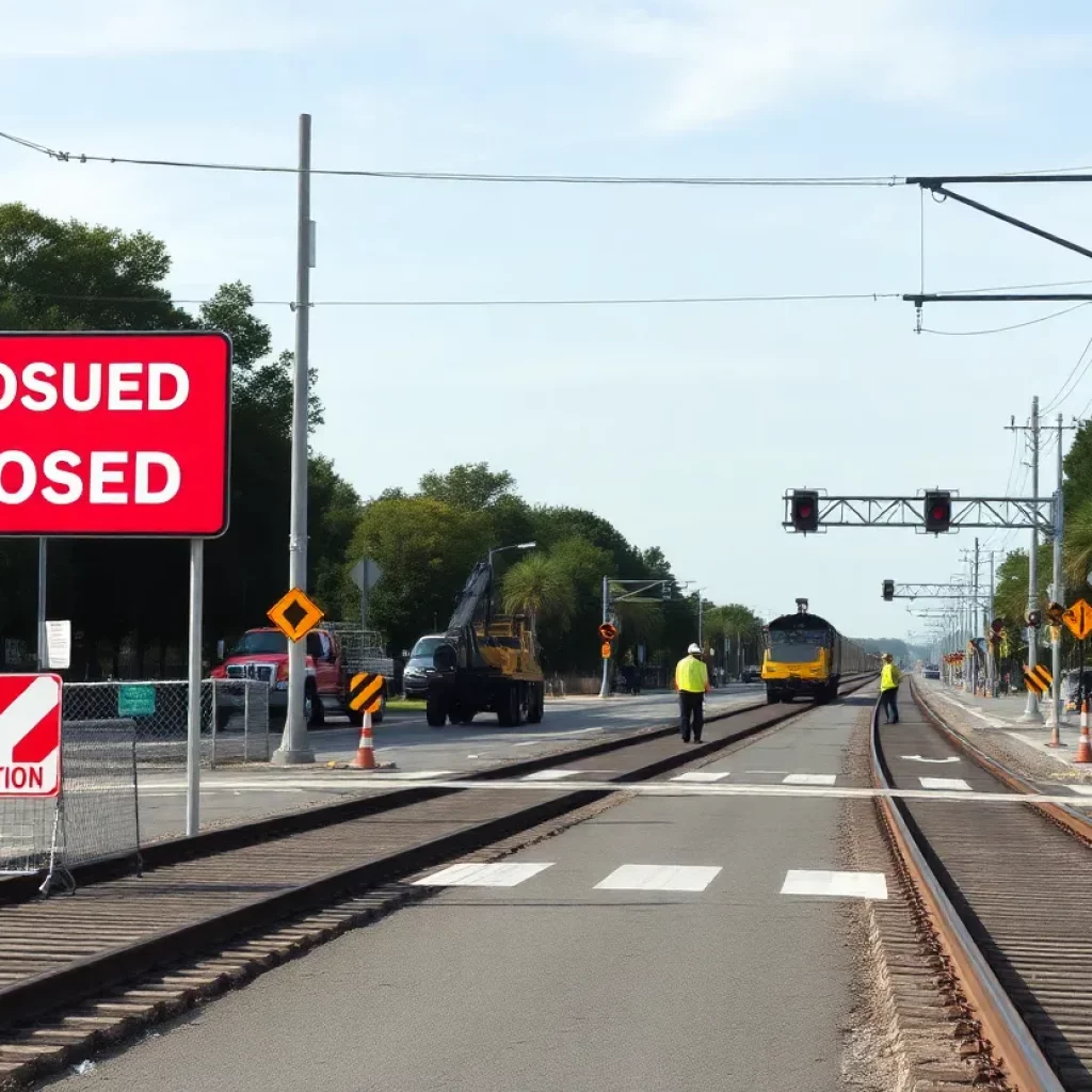 Construction work at a railroad crossing in North Charleston