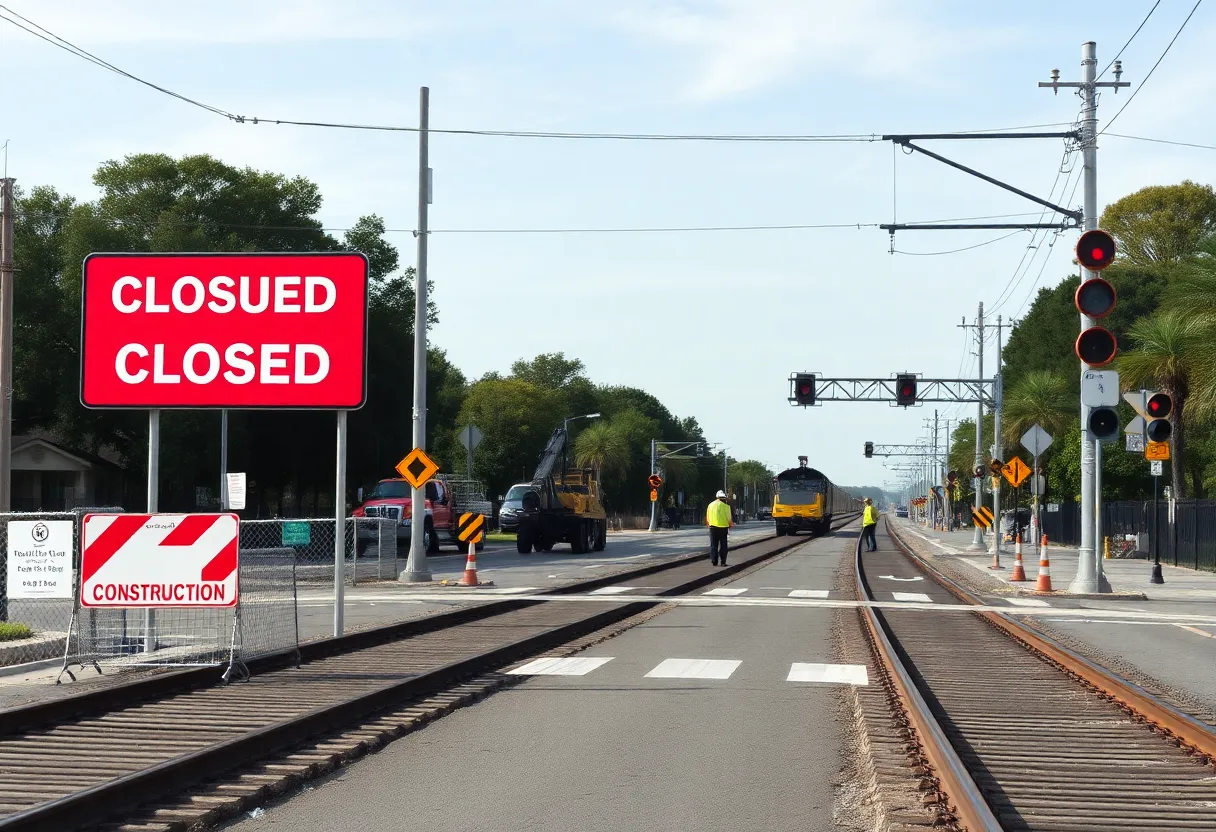 Construction work at a railroad crossing in North Charleston
