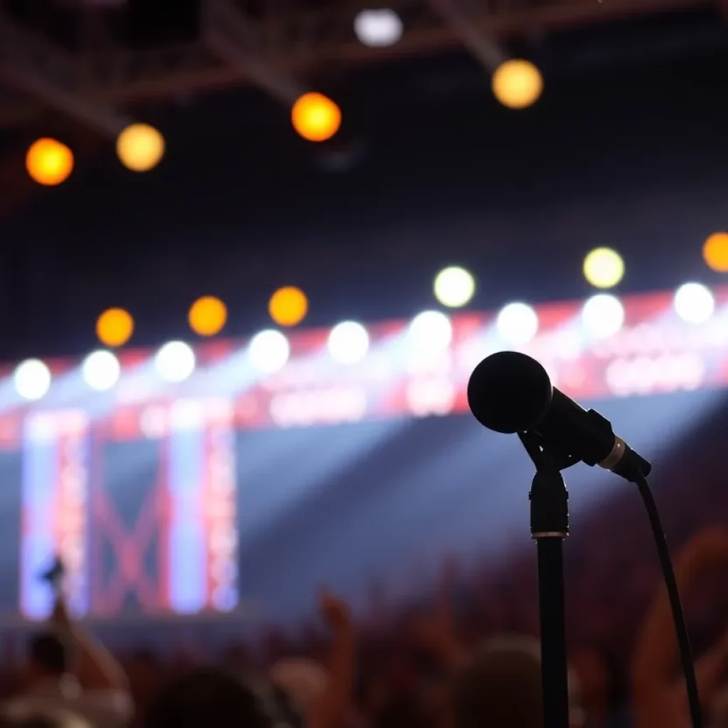 Stage lights shining on a microphone in a singing competition