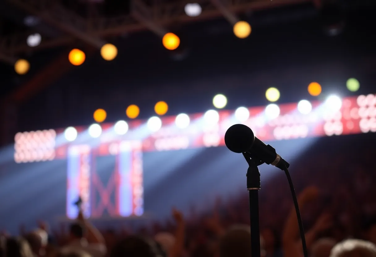 Stage lights shining on a microphone in a singing competition
