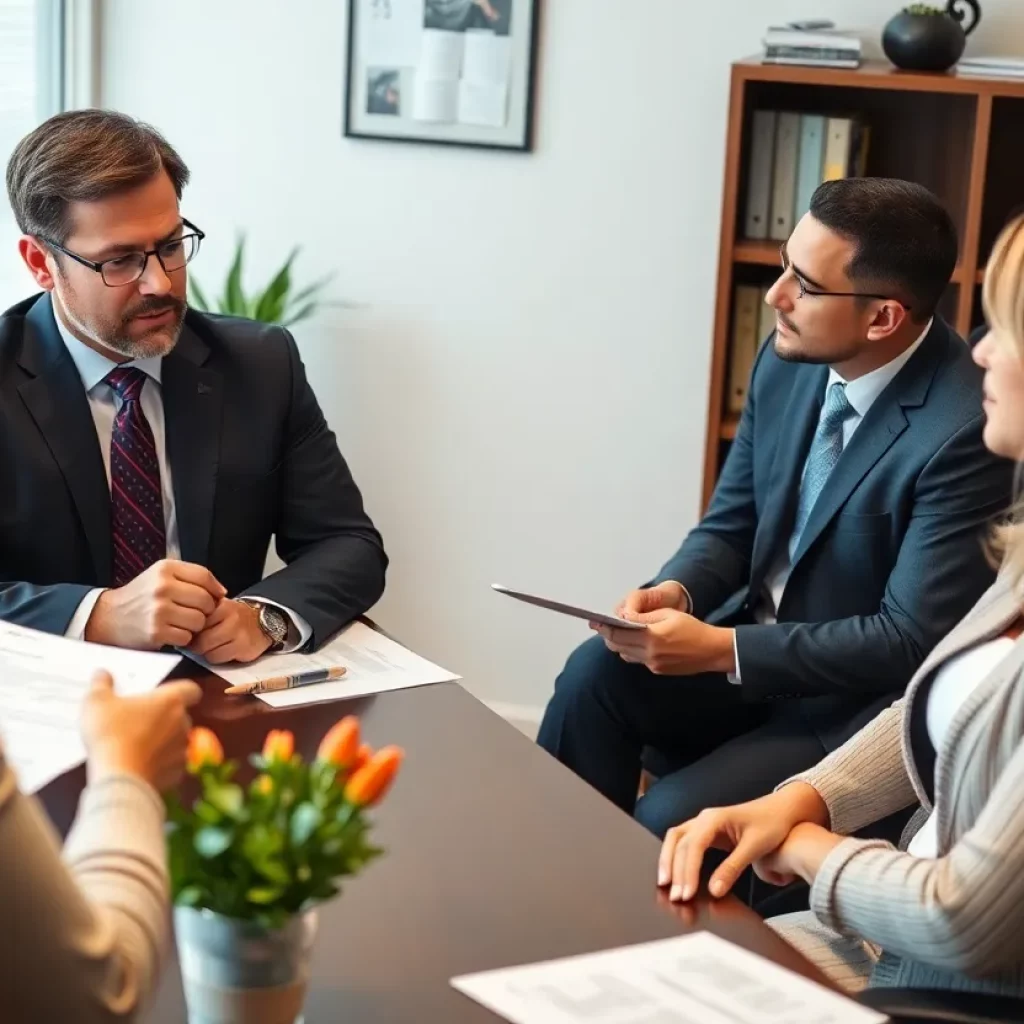 Lawyer consulting with clients about personal injury cases