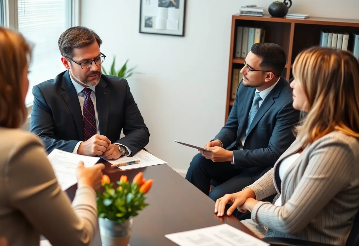 Lawyer consulting with clients about personal injury cases