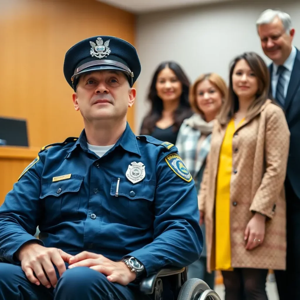 Police officer in a wheelchair surrounded by family celebrating disability benefits victory