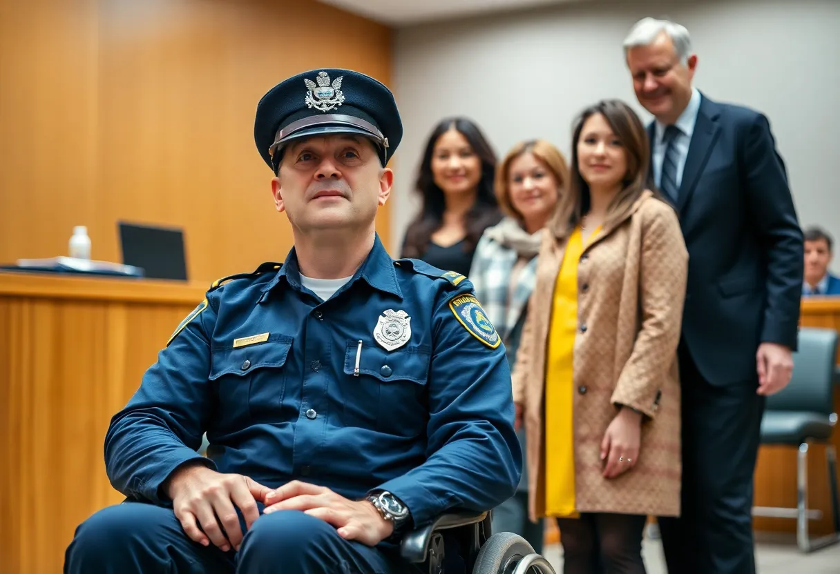 Police officer in a wheelchair surrounded by family celebrating disability benefits victory