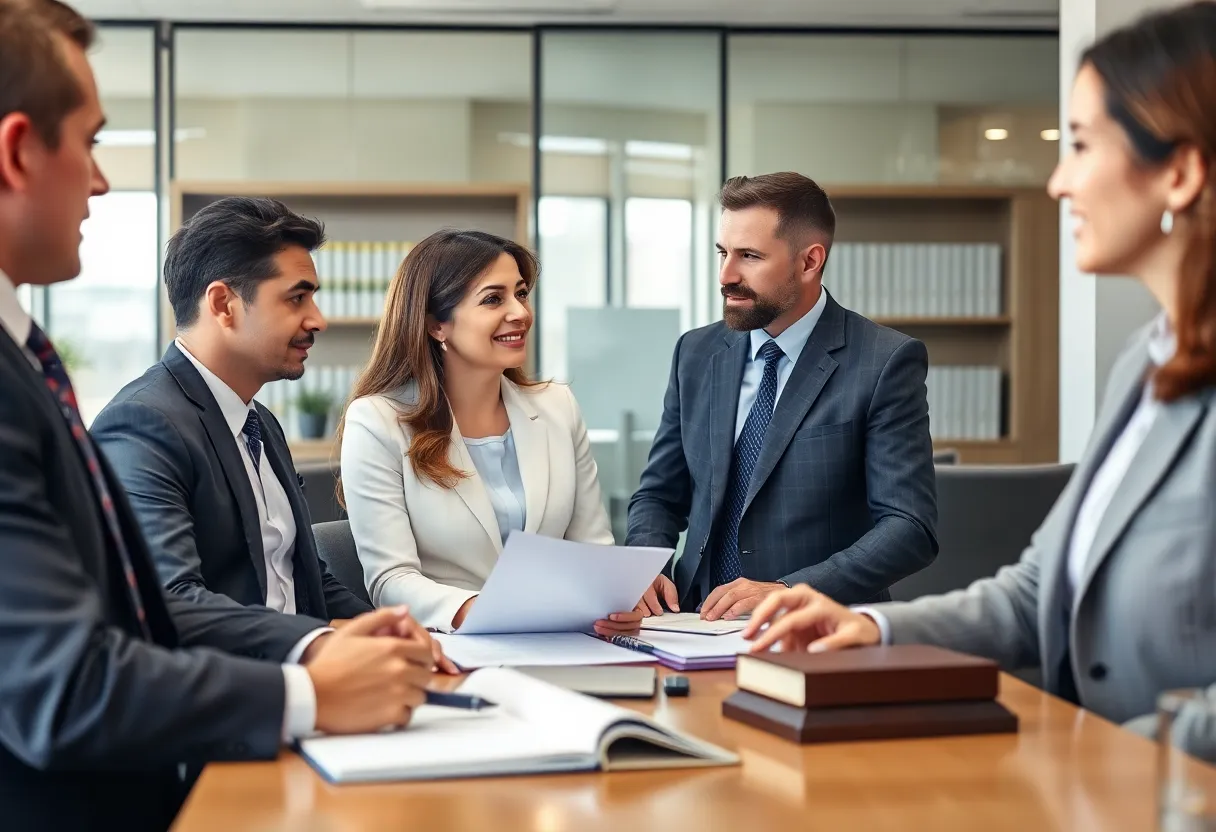 Lawyers discussing cases in a professional office setting