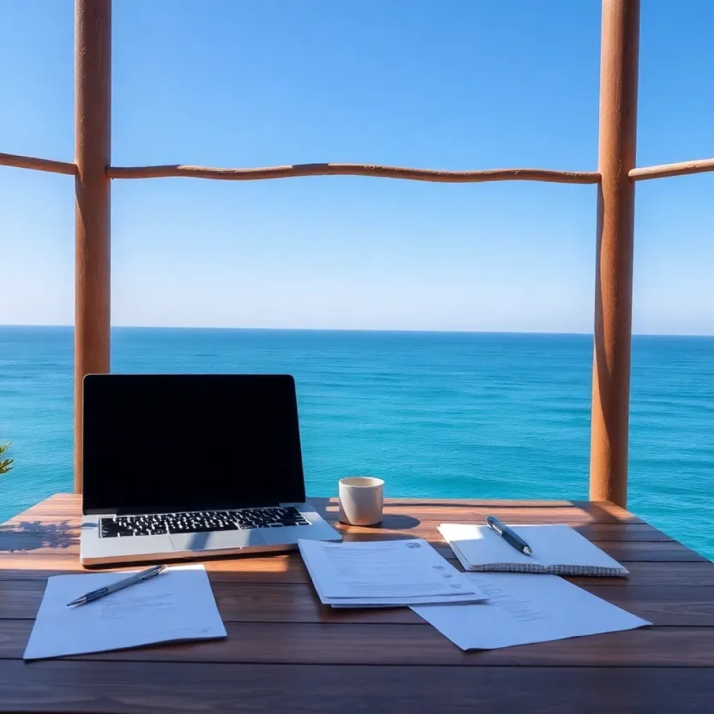 An outdoor workspace with a laptop overlooking the ocean.