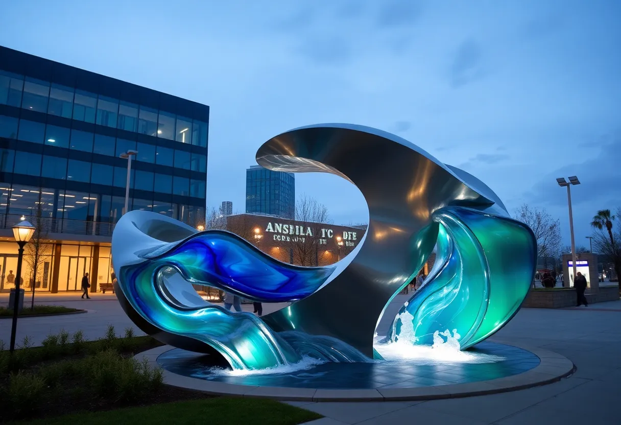 Outdoor sculpture titled 'River Flow' in Charleston's Slack Plaza