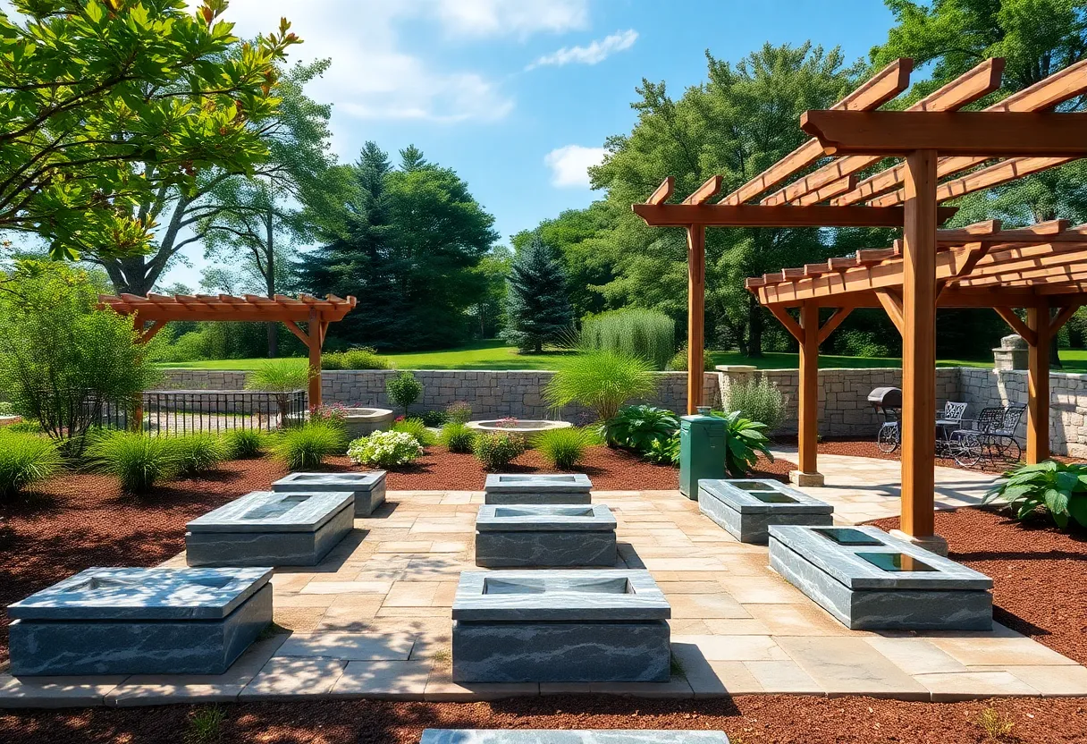 A tranquil memorial garden for pets with granite columbaria and lush landscapes.