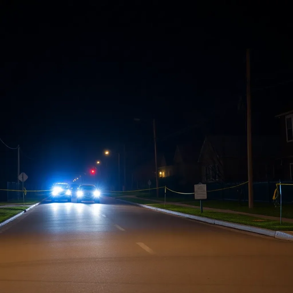 Police lights illuminating a Saginaw street at night, symbolizing community mourning and concern over gun violence.