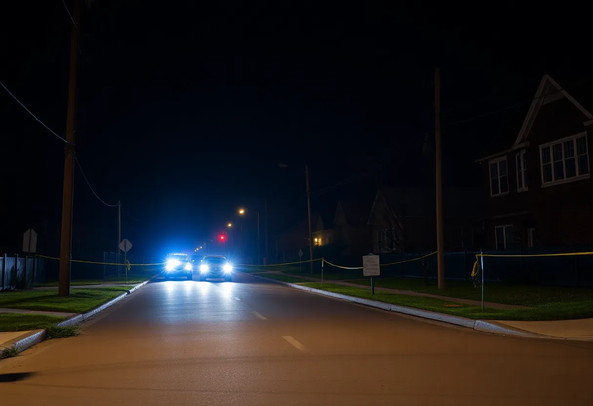 Police lights illuminating a Saginaw street at night, symbolizing community mourning and concern over gun violence.