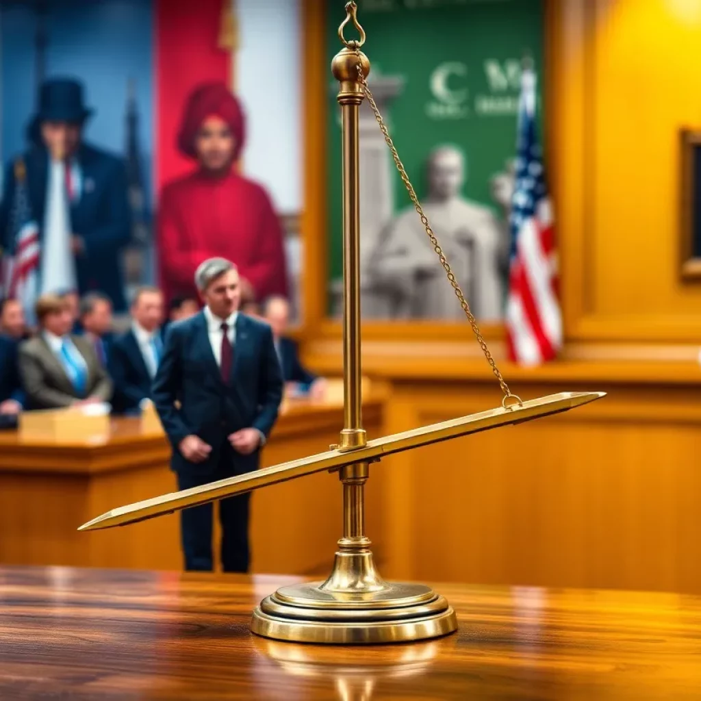 A courtroom with a balance scale and lawyers representing political influence in consumer protection.